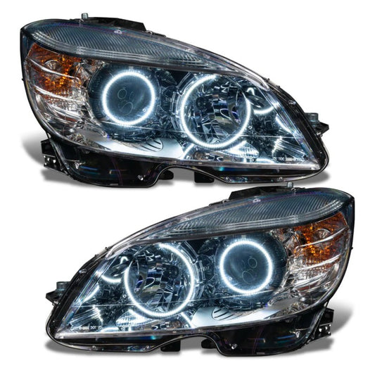 Oracle Mercedes Benz C-Class 2008-2011 chrome headlights with pre-assembled design and BC1 controller, featuring sleek styling and advanced lighting.
