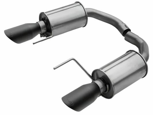 Roush black tip axle back exhaust for Mustang V6 and EcoBoost models, showcasing sleek chrome tips and exhaust pipes.