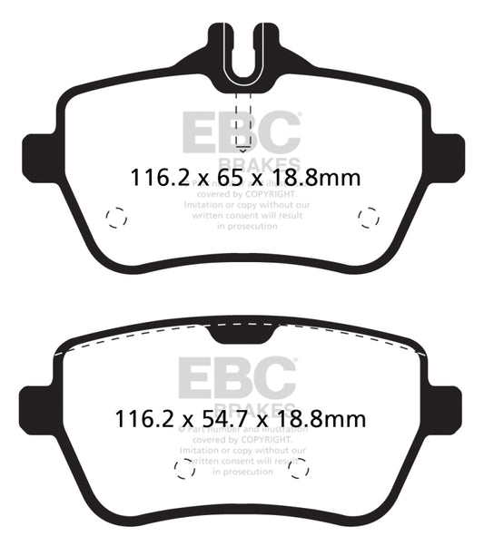 EBC 14+ Mercedes-Benz S550 4.7 Twin Turbo Redstuff rear performance brake pads installed on vehicle.