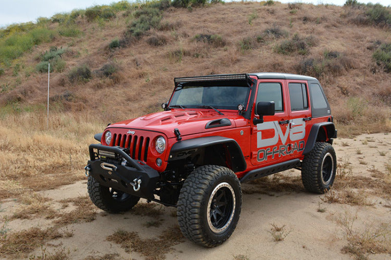 DV8 Offroad Jeep Wrangler JK metal heat dispersion hood in primer black, featuring durable construction and vented design.