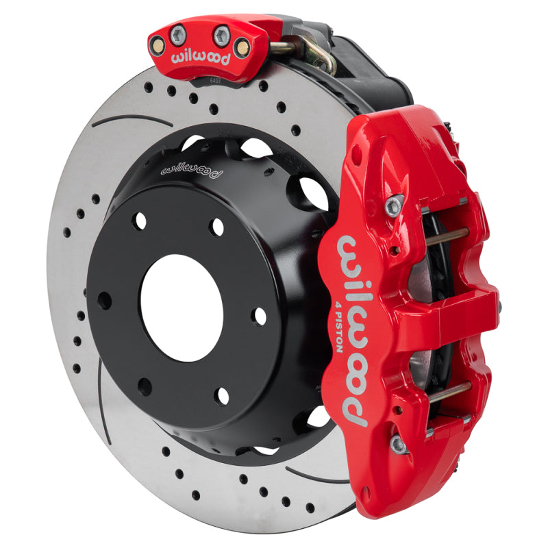 Wilwood Big Ford Aero4 rear brake kit with 14-inch drilled rotor and red caliper, 2.50-inch offset, for high-performance braking.