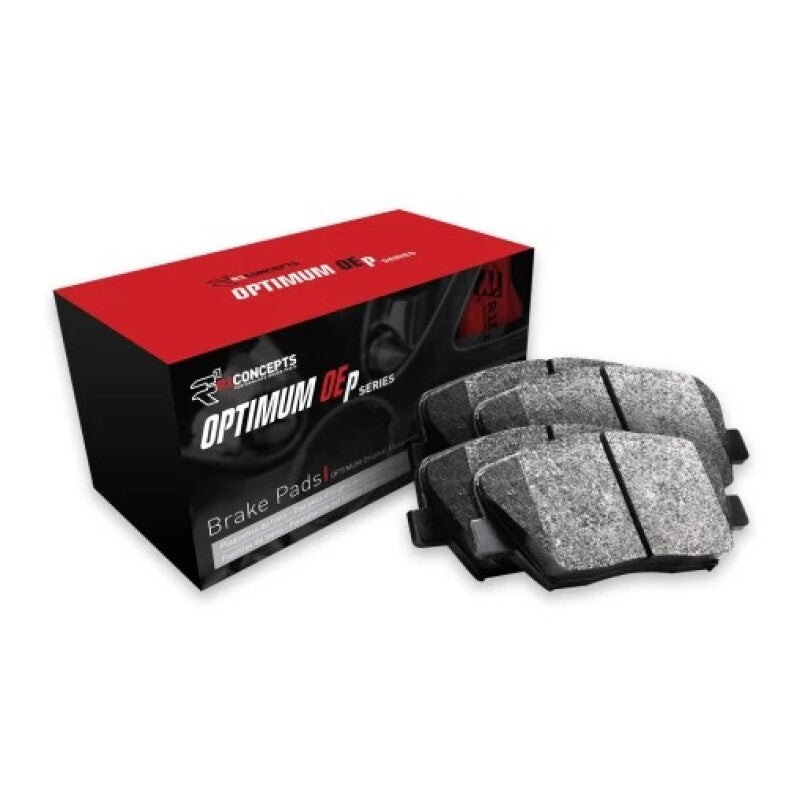 R1 Concepts OE brake pads for 1993-1998 Toyota Supra front brake system, showing the new brake pad set with branding and friction surface.
