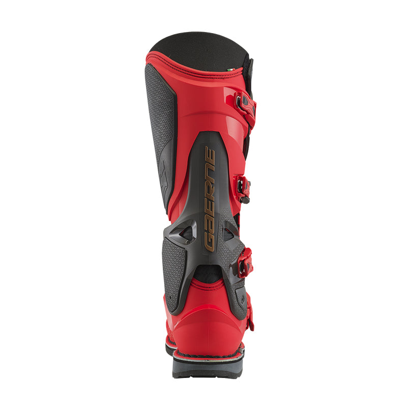 Gaerne SG22 Limited Edition motorcycle boots in deep black and fiery red, size 9.5, featuring durable design and protective details.