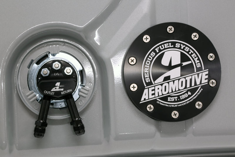 Aeromotive 68-69 Chevrolet Nova 200 Stealth Gen 2 fuel tank, black with mounting features, designed for classic muscle car fuel systems.