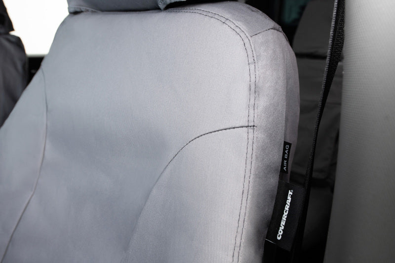 Covercraft grey polycotton front seat covers for Mercedes-Benz Sprinter 19-26, custom-fit for front row seats.