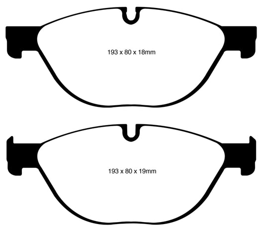 EBC Performance Greenstuff front brake pads for BMW 528 2.0 Turbo F10, high-performance brake pads with green friction material.