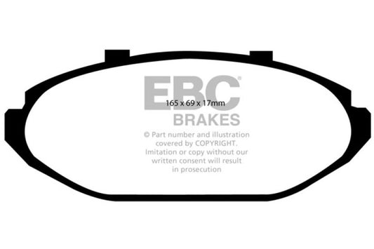 EBC Ultimax2 front brake pads for Ford Crown Victoria 4.6, phenolic pistons, OE style brake pads, black and metal components visible
