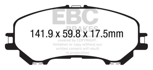 EBC 14+ Nissan Rogue 2.5 front brake pads, Ultimax2 OE replacement, two-row seating, high-performance automotive brake pads
