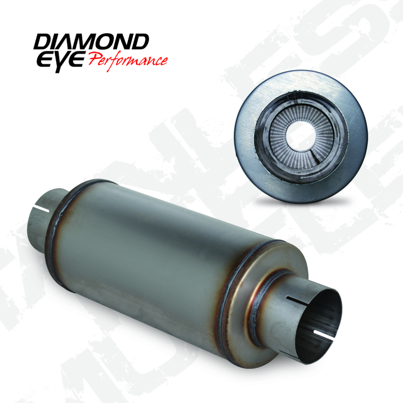Diamond Eye Performance muffler with 4-inch inlet, 7-inch diameter, 14-inch body, 20-inch length, slotted ends, stainless steel exhaust component.