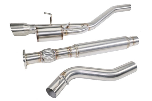 Perrin Performance 22-26 Subaru WRX single exit catback exhaust system with polished stainless steel muffler and piping.