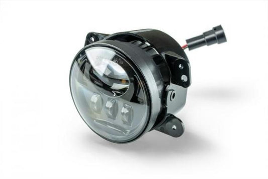 DV8 Offroad 18+ Jeep JL/Gladiator LED fog lights mounted on front bumper, showcasing durable off-road lighting.