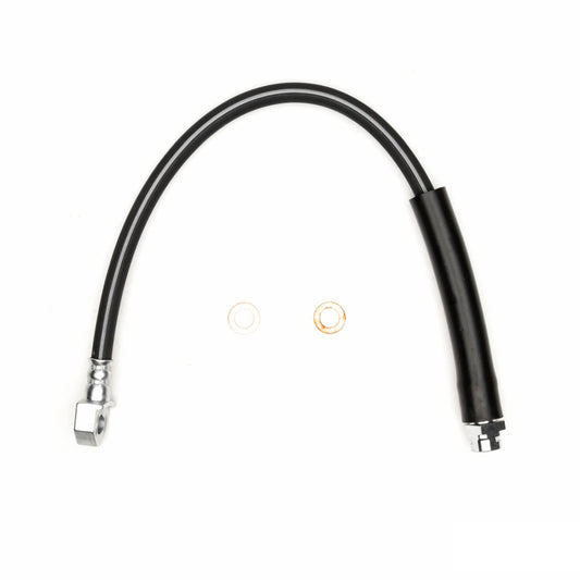 DFC Chevrolet Corvette front-left brake hose from the brake line kit showing the flexible rubber brake line with metal fittings.