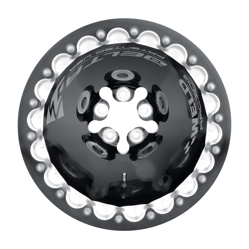 Weld Delta-1 PM forged black double wheel with polished finish, 16x16 inch size, for automotive or custom vehicle use.