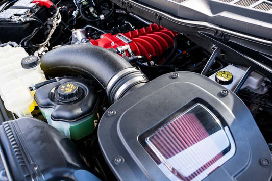 Roush 21-26 F-150 Supercharger Kit Red Edition with 705HP, showing the supercharger components on a powerful truck engine.