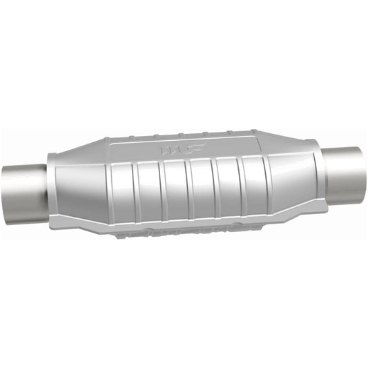 MagnaFlow universal catalytic converter with 2-inch inlet and T2 rear design, made for vehicle exhaust systems.