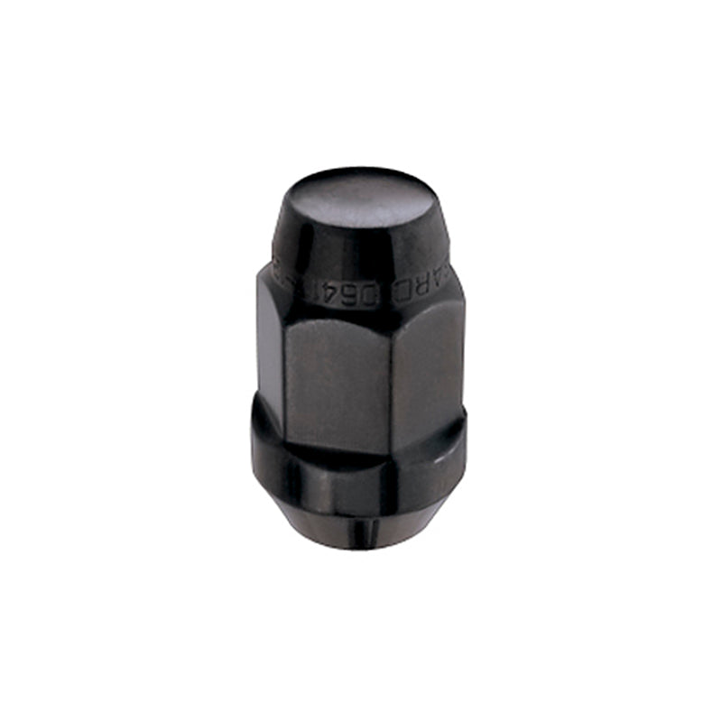 Black McGard hex lug nuts with cone seat bulge style, 1/2-20 thread, 3/4 inch hex size, 1.45-inch length, 4-pack.