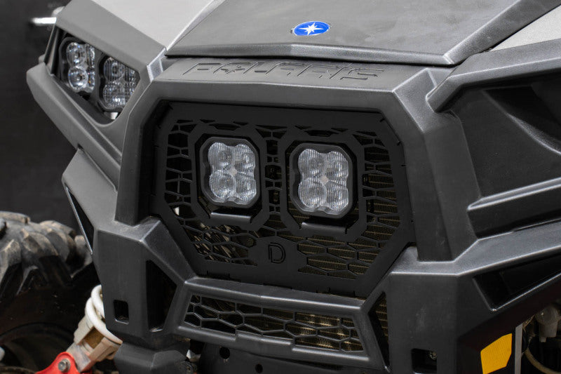 Diode Dynamics Polaris RZR XP grille kit with white LED lights, featuring a sleek grille design for 2014-2018 RZR XP models.