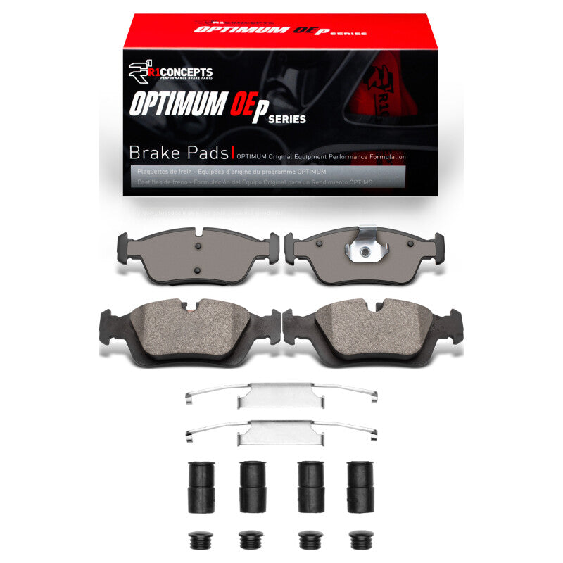 BMW 318i R1 Concepts OE front brake pads and hardware kit, including installation hardware and brake pad components.
