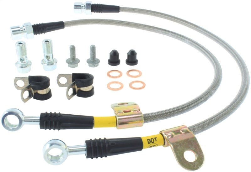 StopTech stainless steel front brake line kit for 2006-2007 Chrysler 300C SRT-8, showing polished brake hoses and fittings.