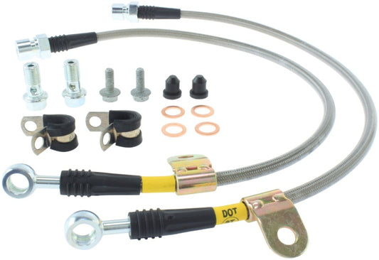 StopTech stainless steel front brake line kit for 2006-2007 Chrysler 300C SRT-8, showing polished brake hoses and fittings.
