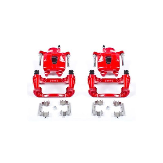 Pair of PowerStop red front brake calipers with brackets for 2005-2010 Scion tC, high-performance automotive brake upgrade