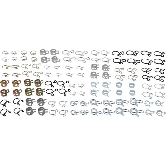 All Balls Racing fuel clamp kit for hoses, shown with various clamps and fittings for secure fuel line connections.