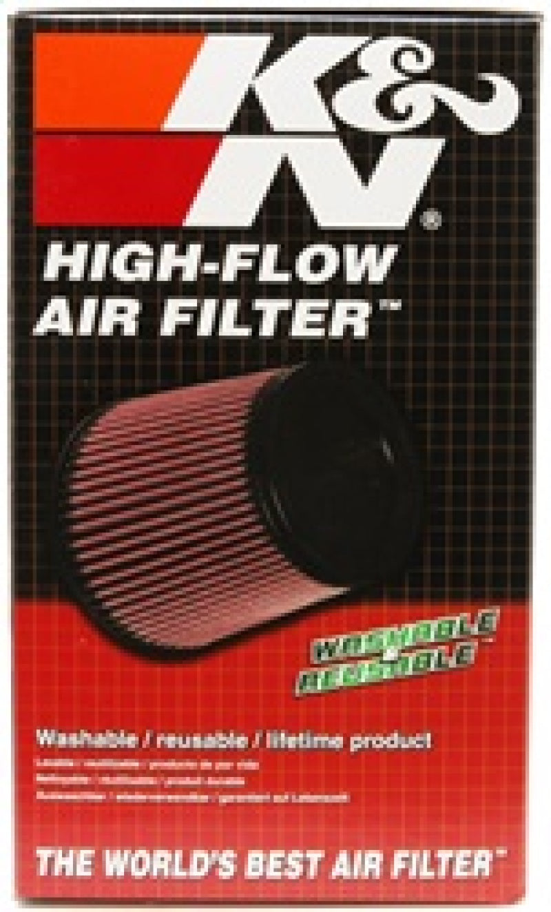 K&N Engineering universal rubber air filter with 4-inch flange, 5 3/8-inch base, 4 3/8-inch top, and 7-inch height.