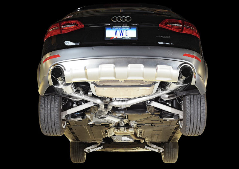 AWE Tuning Audi B8.5 All Road Touring Edition catback exhaust with dual polished silver tips on a silver vehicle.