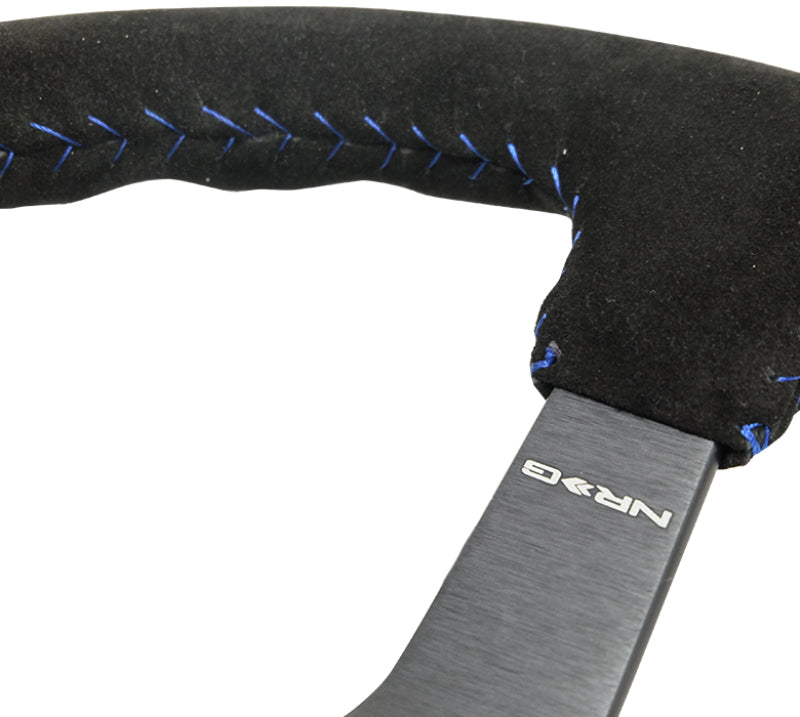 NRG reinforced 350mm deep suede steering wheel with blue basketball stitch and matte black 5mm spoke design.
