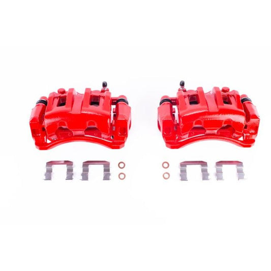 Pair of PowerStop red front brake calipers with brackets for 2007-2012 Hyundai Veracruz, performance brake calipers for enhanced stopping power.