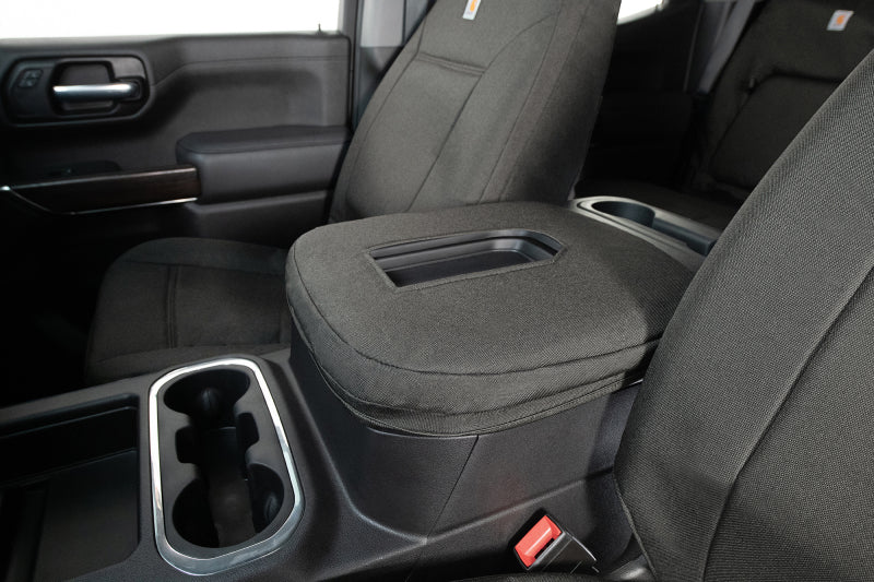 Covercraft Carhartt Super Dux PrecisionFit seat covers for Ford F250/F350/F450/F550 trucks in gravel color, durable automotive interior protection.