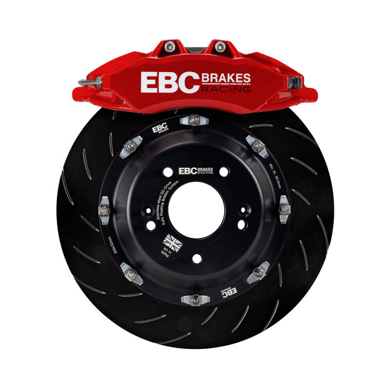 EBC Racing red Apollo-6 brake calipers with 380mm rotors installed on a 2020-2023 Volkswagen Golf R front big brake kit.