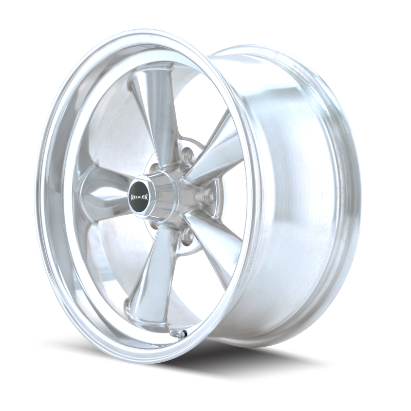 Polished Ridler 675 15x8 cast wheel with 5x120.65 bolt pattern, -12mm offset, and 83.82mm hub for cars.