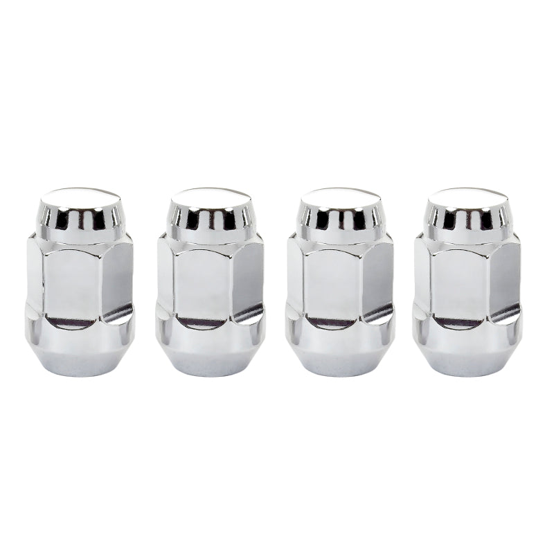 Chrome McGard hex lug nuts, cone seat bulge style, 7/16-20 thread, 3/4 inch hex, 1.45 inch length, 4-pack.