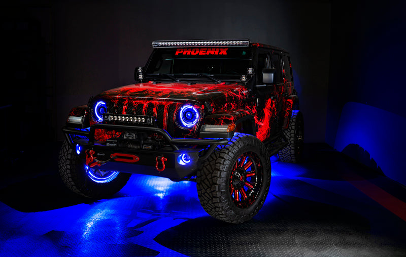 Oracle Lighting LED illuminated wheel rings with ColorSHIFT feature, showing vibrant multicolor light strip on a vehicle wheel.