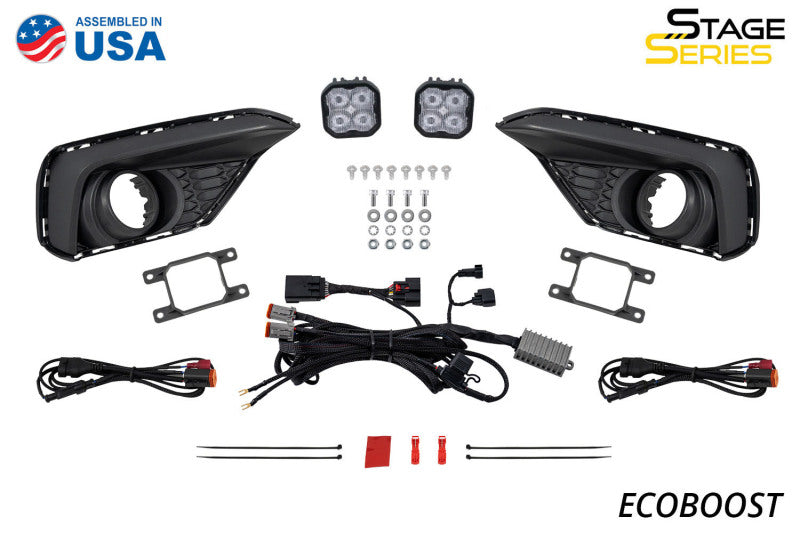 Diode Dynamics yellow fog lamp kit for 2026 Ford Mustang EcoBoost, featuring sporty LED light bars and cubes for enhanced visibility