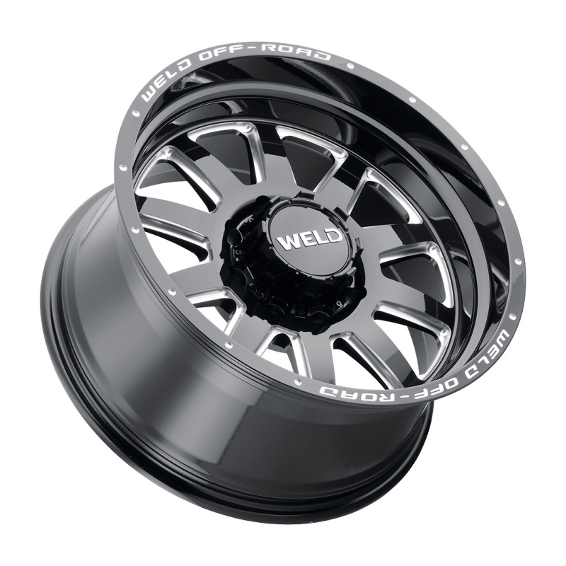 Weld Stealth 18x9 forged wheel in gloss black milled finish with 8x180 bolt pattern and 5.75 backspacing.