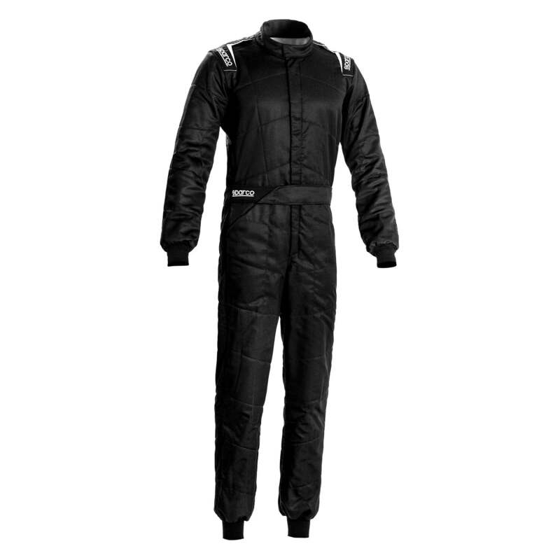 Black Sparco Sprint 66 racing suit with branding and detailed stitching, designed for motorsport safety and performance.