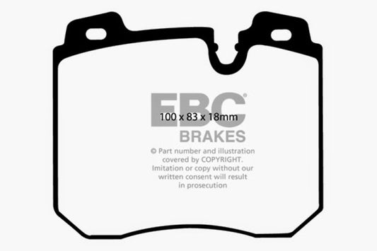 EBC Redstuff front brake pads for BMW 750iL 5.0 E32, performance brake pads with red friction material, close-up view