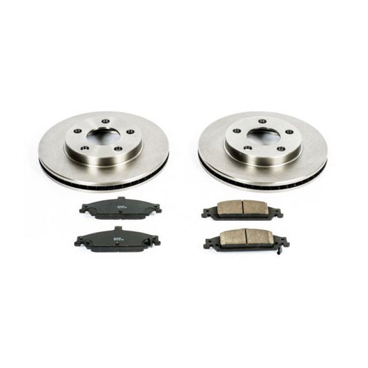 PowerStop OE front brake kit for 2004-2005 Chevrolet Classic, including brake rotors and pads, installed on vehicle front axle.