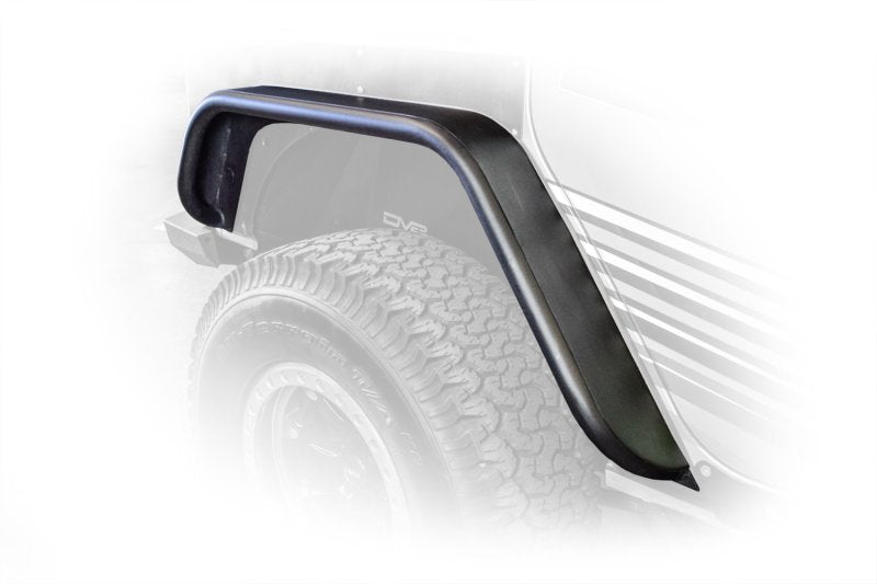 DV8 Offroad Jeep Wrangler JK front and rear flat tube fenders in black, designed for 2007-2018 Jeep Wrangler JK models.