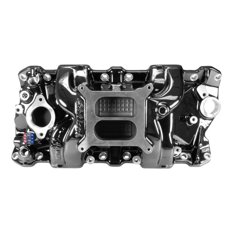 Edelbrock Chevy SB Performer RPM intake manifold with black plasma finish, showcasing its polished aluminum design for V8 engines.