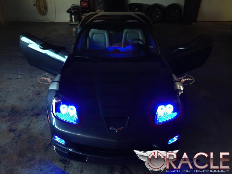 Oracle Chevrolet Corvette C6 LED Fog Light Halo Kit with green rings, designed for C6 fog lights for enhanced visibility and style.