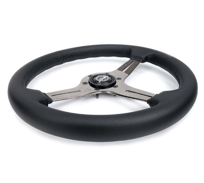 NRG lightweight gaming steering wheel with black chrome silver spokes and perforated leather, designed for quick release adapters.