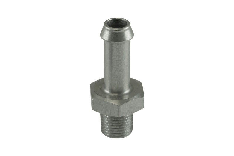 Turbosmart 8mm hose end to 1/8 NPT male straight fitting in clear, used for automotive fluid connections