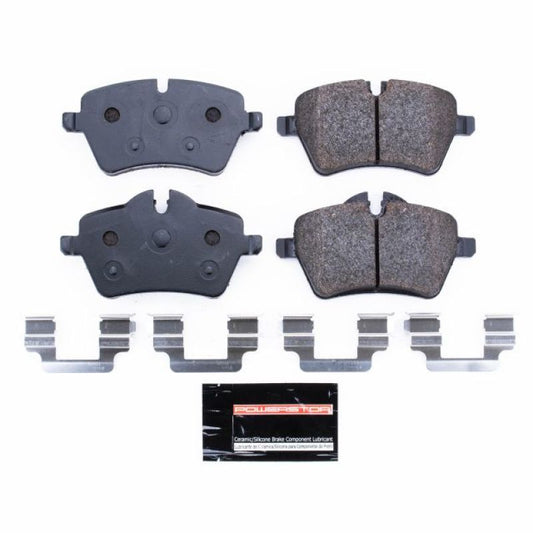 PowerStop racing front brake pads for Mini Cooper 2006-2015, high-performance track day brake pads with detailed metal backing