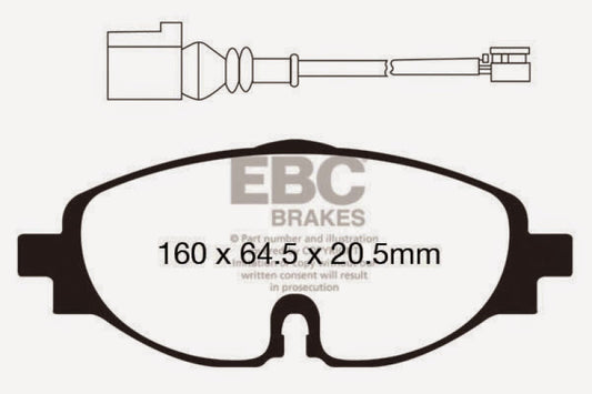 EBC 14+ Audi A3 1.8 Turbo Greenstuff front performance brake pads showing the green friction material and metal backing plate.