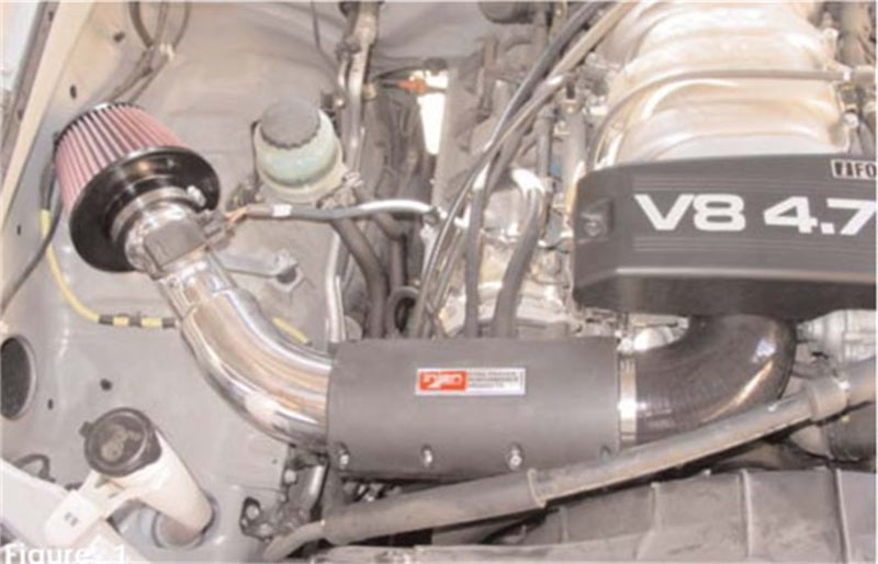 Injen polished Power-Flow cold air intake system for 2000-2004 Toyota Tundra and Sequoia 4.7L V8 engine, showing the intake components.