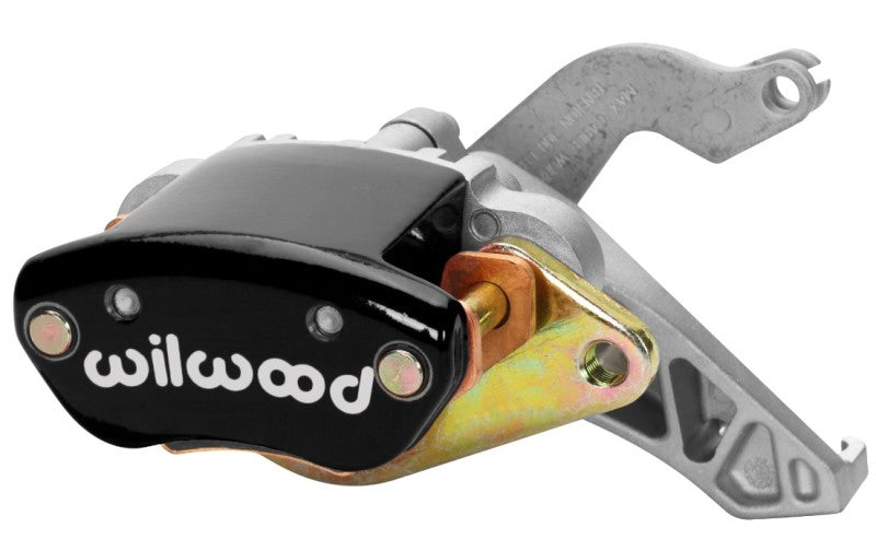 Wilwood black mechanical brake caliper with logo, 1.19-inch piston for performance disc brakes, right-hand side, mounted on a vehicle.