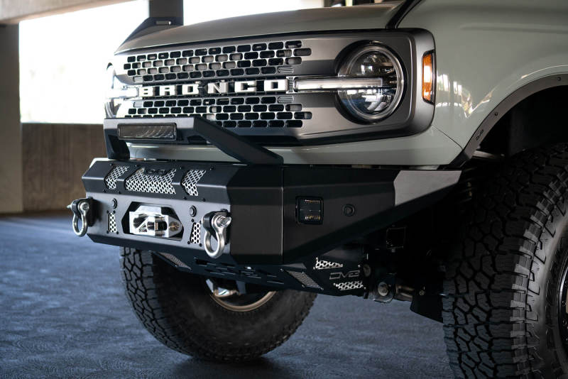 Steel DV8 Offroad bull bar add-on for Ford Bronco bumpers with 13-inch Elite Series light bar included.